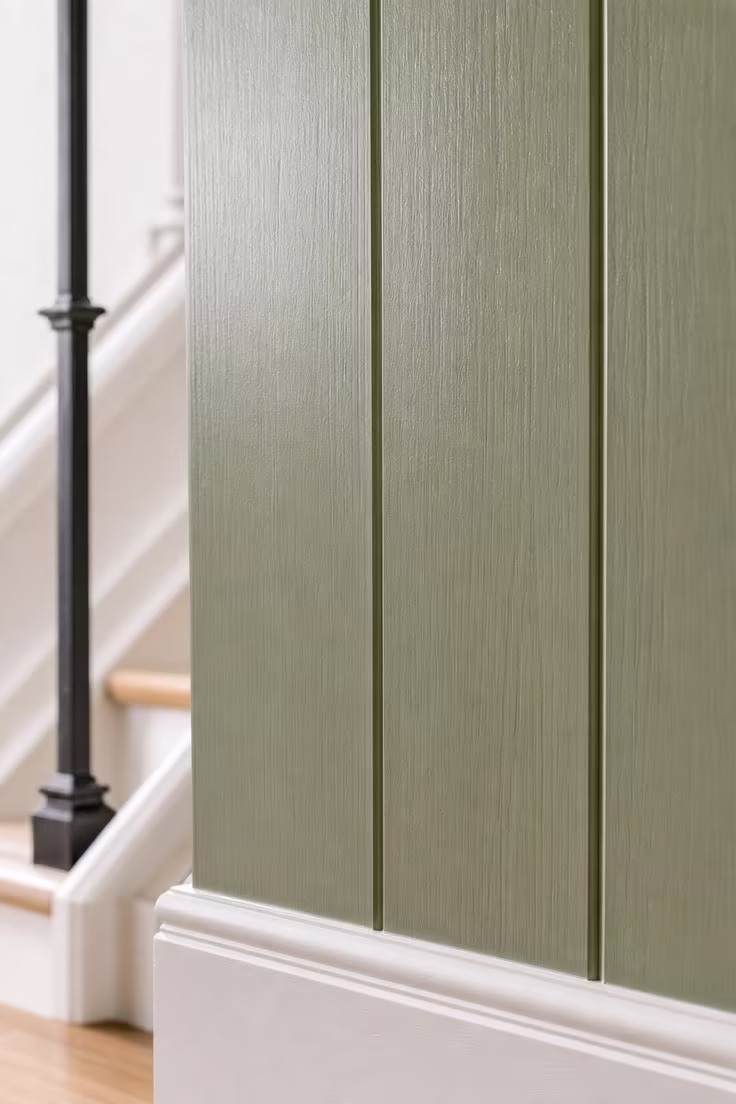 Close-up of vertical sage green shiplap planks on a staircase wall showing shadow lines between joints