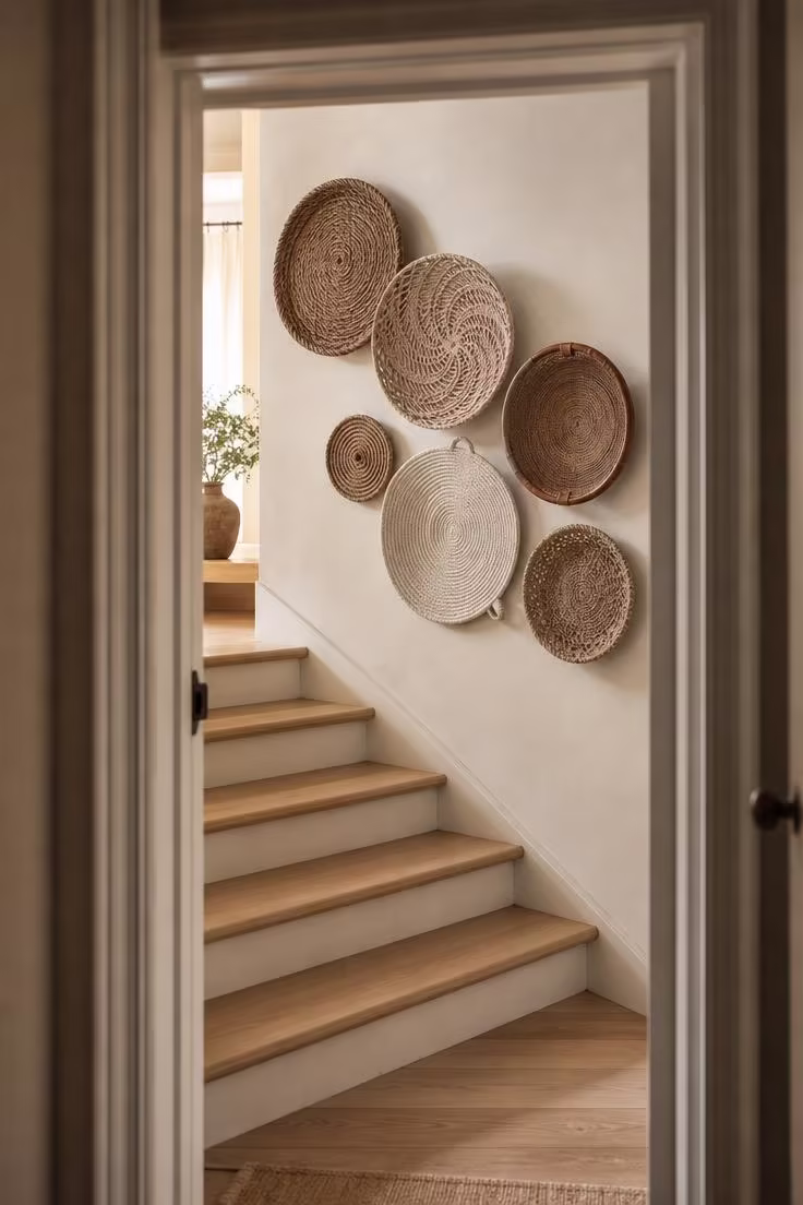 Cluster of woven jute and cotton wall baskets in varying sizes and textures on a staircase wall