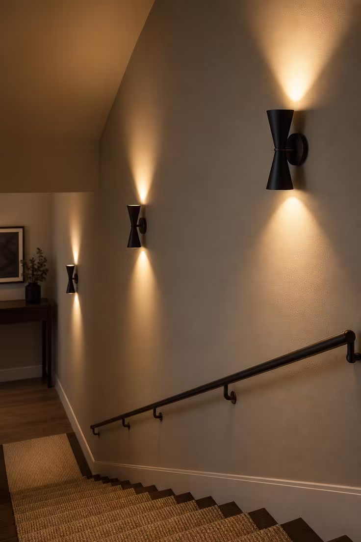 Three matte black cone wall sconces casting warm light along a stairwell wall at evenly spaced intervals
