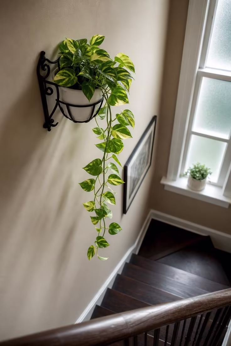 Golden pothos plant trailing from a wrought-iron wall bracket mounted high on a staircase wall