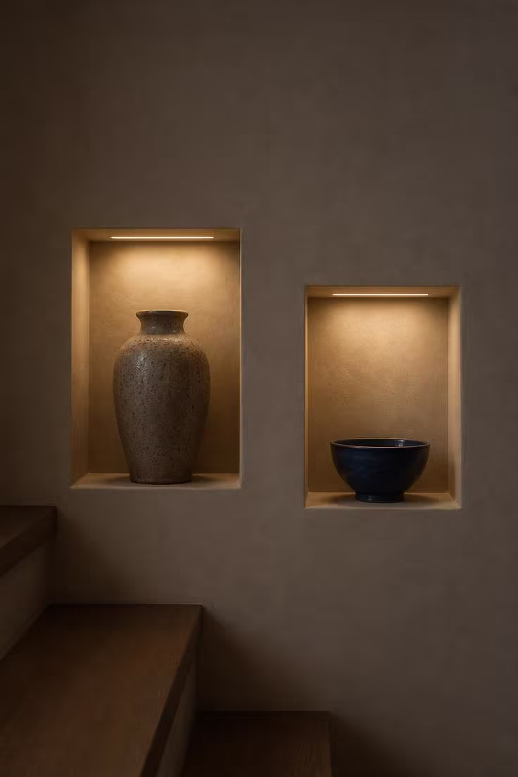 Two recessed wall niches with LED lighting displaying handmade ceramic vase and stoneware bowl on a staircase wall