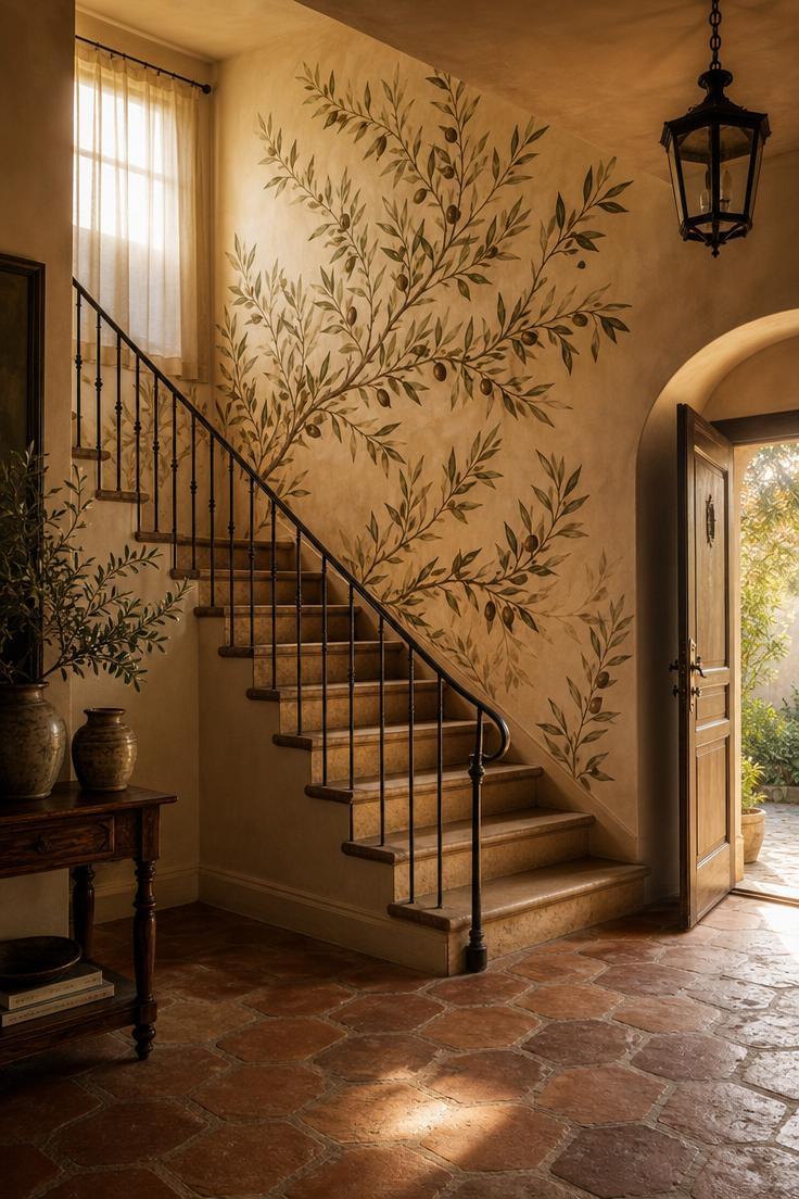 Hand-painted botanical mural of olive branches climbing a staircase wall in warm golden-hour light