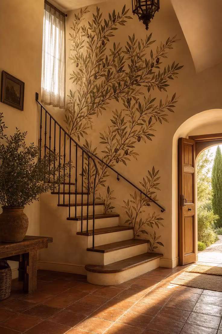Hand-painted botanical mural of olive branches climbing a staircase wall in warm golden-hour light