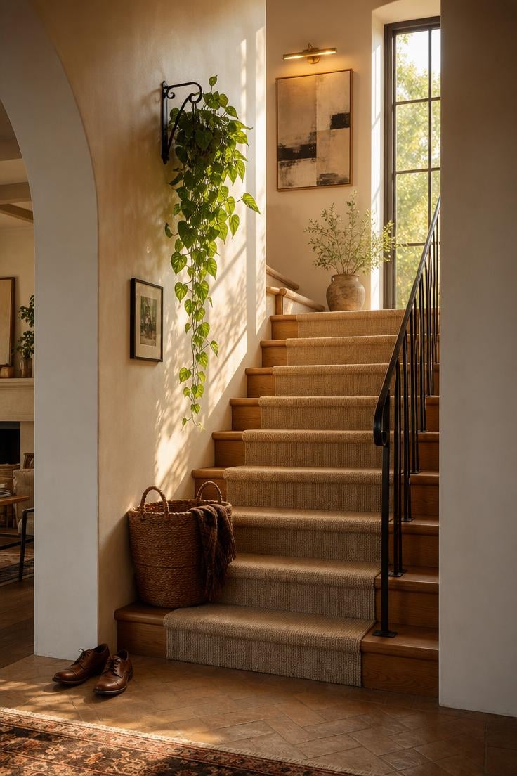 Warm sun-filled staircase with textured walls, trailing greenery, brass lighting, and natural linen runner