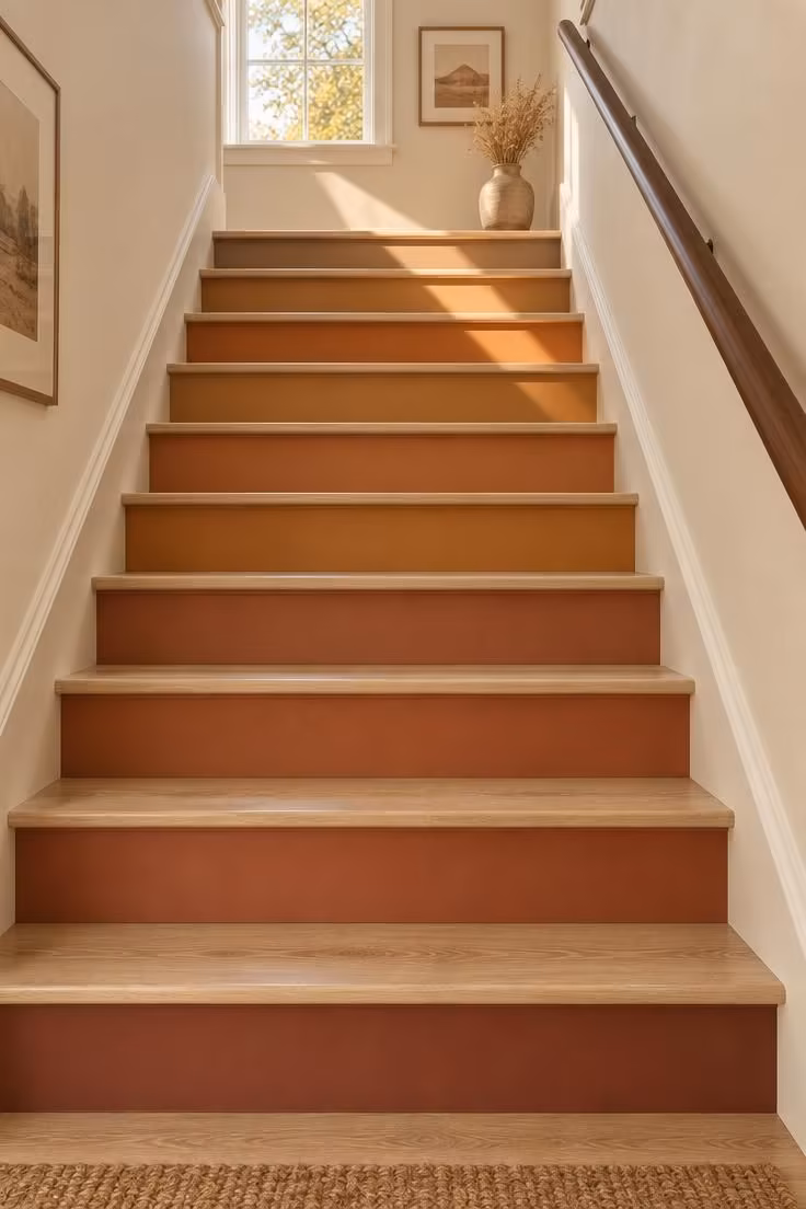17 Cozy Stairs and Hallway Ideas You'll Want to Steal 1 A straight staircase with clay-painted risers and natural oak treads, warm light falling from a landing window above.