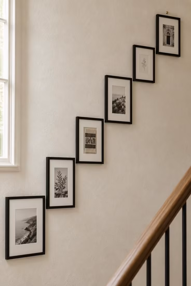 17 Cozy Stairs and Hallway Ideas You'll Want to Steal 2 A stair wall of black-framed prints arranged in a diagonal that follows the handrail line under soft daylight.