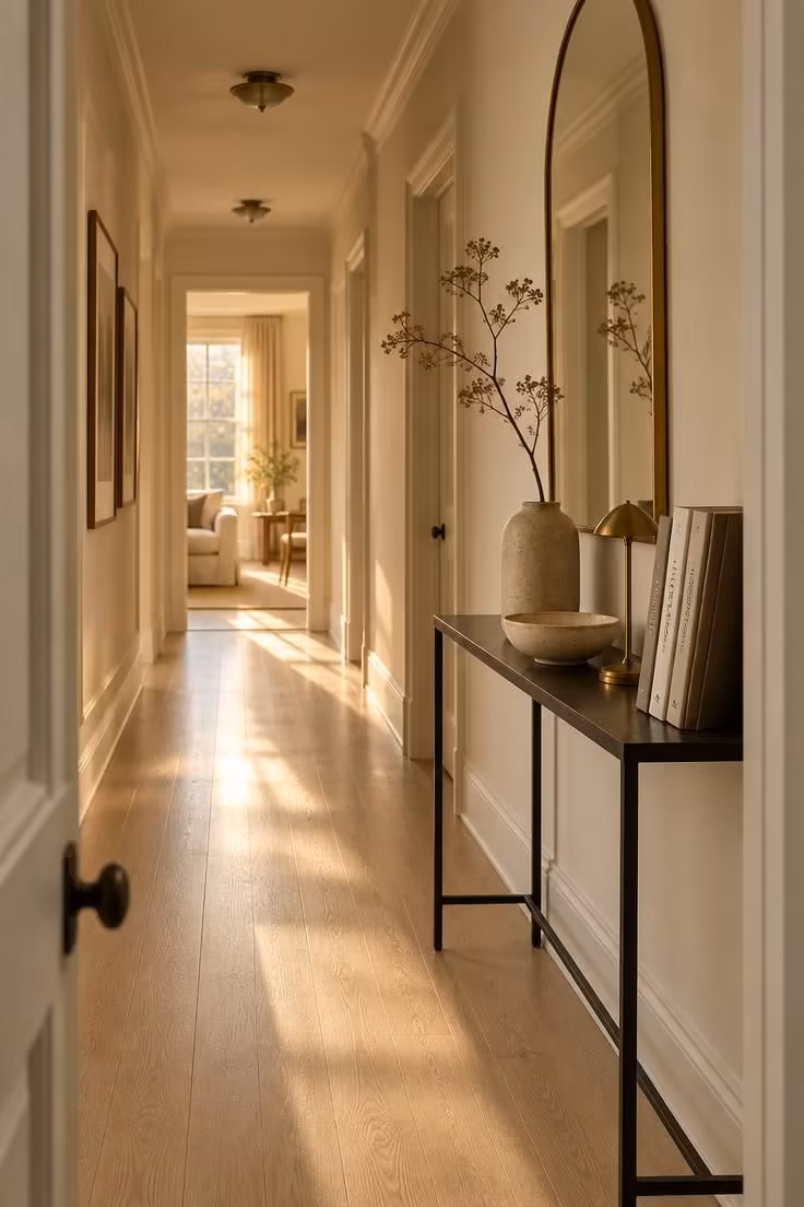 17 Cozy Stairs and Hallway Ideas You'll Want to Steal 4 A narrow black console with a brass lamp and a tall arched mirror above it, seen from a doorway at the end of a hallway.