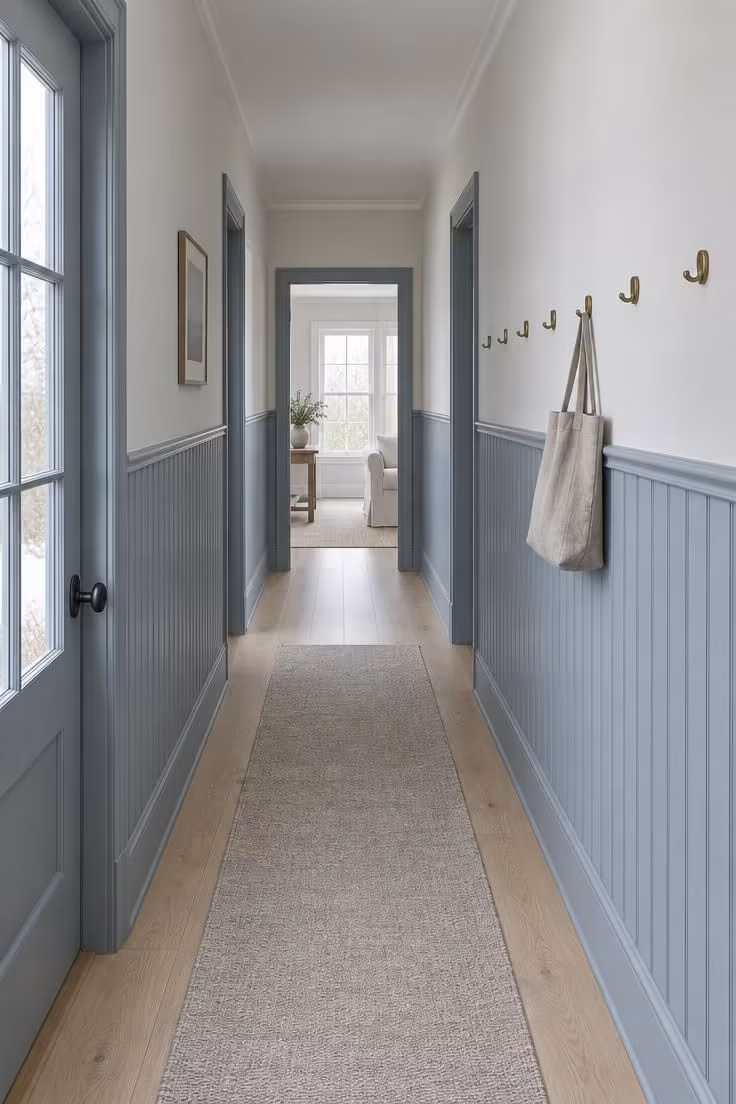 17 Cozy Stairs and Hallway Ideas You'll Want to Steal 5 A narrow hall with blue-grey beadboard paneling below a chair rail and a row of brass hooks above it.