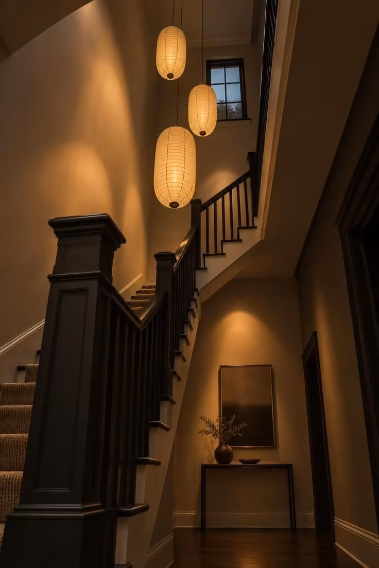 17 Cozy Stairs and Hallway Ideas You'll Want to Steal 6 Three paper lantern pendants hung at staggered heights in an open stairwell, viewed from the base under warm evening light.