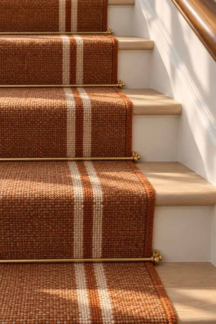17 Cozy Stairs and Hallway Ideas You'll Want to Steal 7 A cream and rust striped flat-weave runner held with brass rods on stair treads, lit by warm raking light.