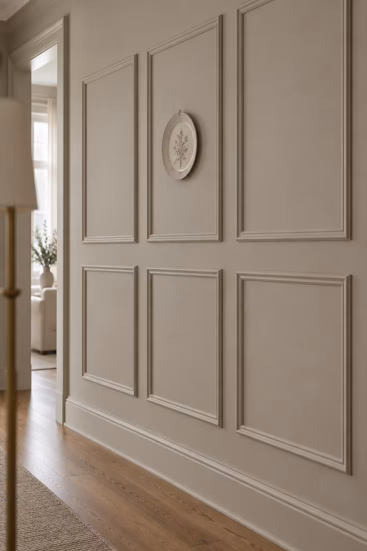 17 Cozy Stairs and Hallway Ideas You'll Want to Steal 8 A hallway wall with tone-on-tone picture-frame molding panels, one holding a small ceramic plate.