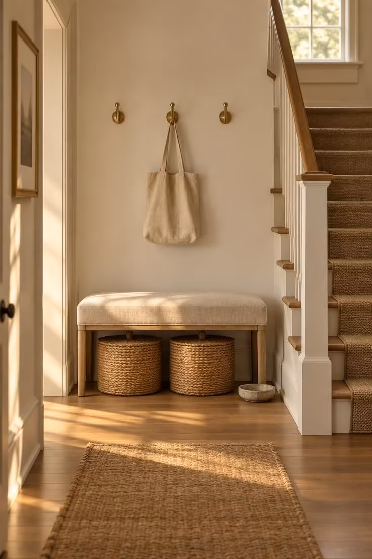 17 Cozy Stairs and Hallway Ideas You'll Want to Steal 9 A low linen bench with two lidded jute baskets beneath it and brass hooks above, at the foot of a staircase.