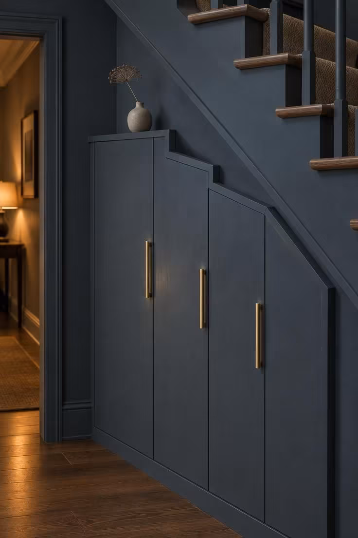 17 Cozy Stairs and Hallway Ideas You'll Want to Steal 10 A deep blue-grey closed cabinet fitted under a descending stair, with slim brass handles and a single vase on top.
