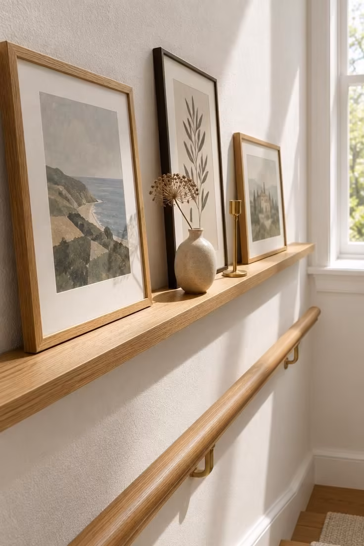 17 Cozy Stairs and Hallway Ideas You'll Want to Steal 11 A narrow oak picture ledge mounted along a stair wall holding leaning frames and a small vase.