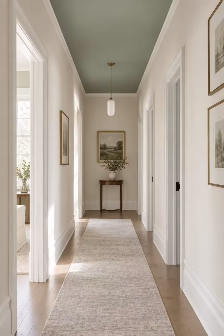 17 Cozy Stairs and Hallway Ideas You'll Want to Steal 12 A hallway with a soft sage-green ceiling above warm off-white walls and bright white trim.