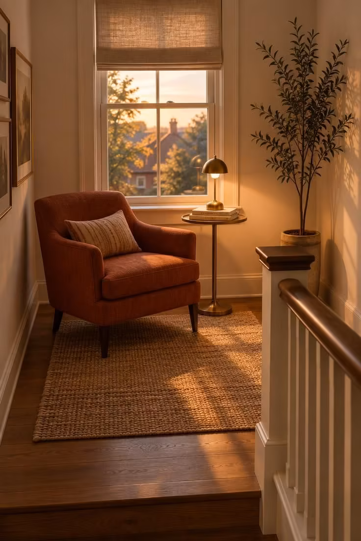 17 Cozy Stairs and Hallway Ideas You'll Want to Steal 14 A landing with a rust linen armchair, a slim side table with a brass lamp, and a tall plant in the corner.
