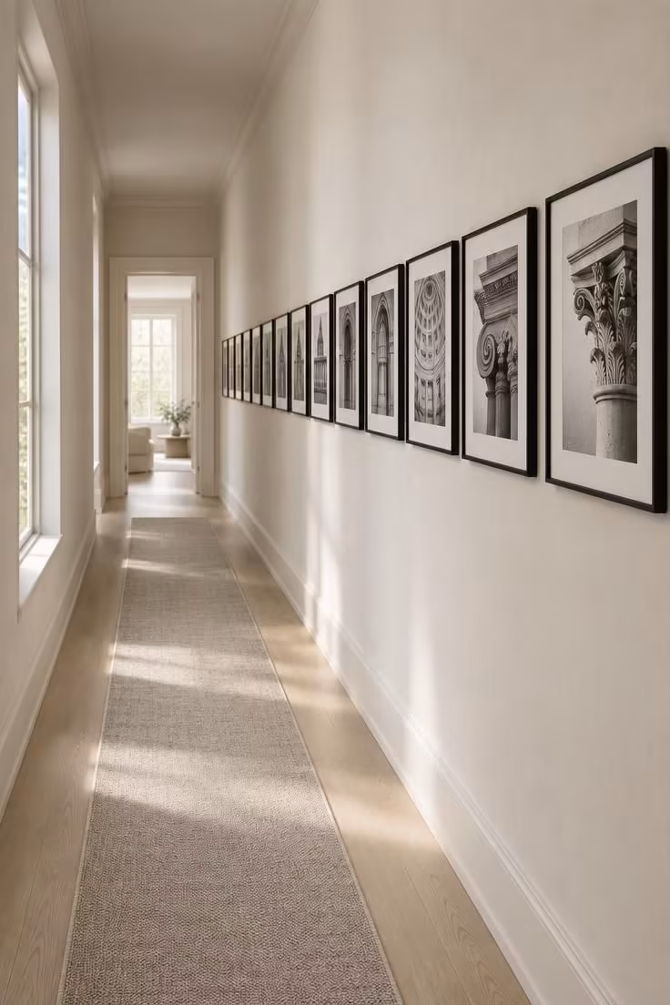 17 Cozy Stairs and Hallway Ideas You'll Want to Steal 15 A long hallway wall lined with identical black frames at one height, leading the eye toward a bright doorway.
