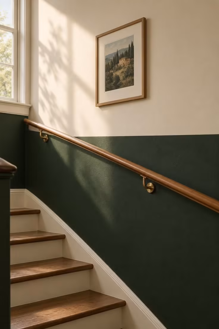 17 Cozy Stairs and Hallway Ideas You'll Want to Steal 16 A stair wall with a deep forest green band painted below a horizontal line and off-white above it.