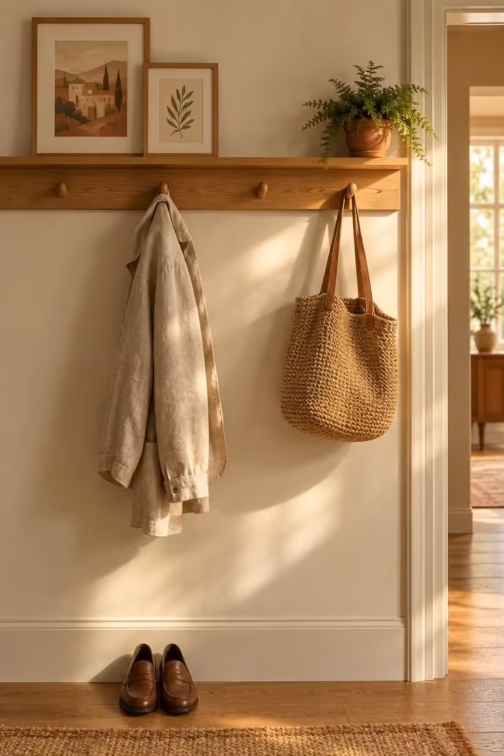 17 Cozy Stairs and Hallway Ideas You'll Want to Steal 17 A slim wooden coat rail with a narrow shelf above it, holding a jacket, a bag, and two leaning frames.
