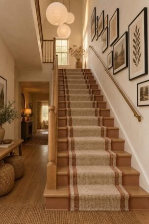 A warmly lit staircase and hallway with clay-painted risers, a striped runner, a stepped gallery wall, and a bench with baskets at the foot of the stairs.