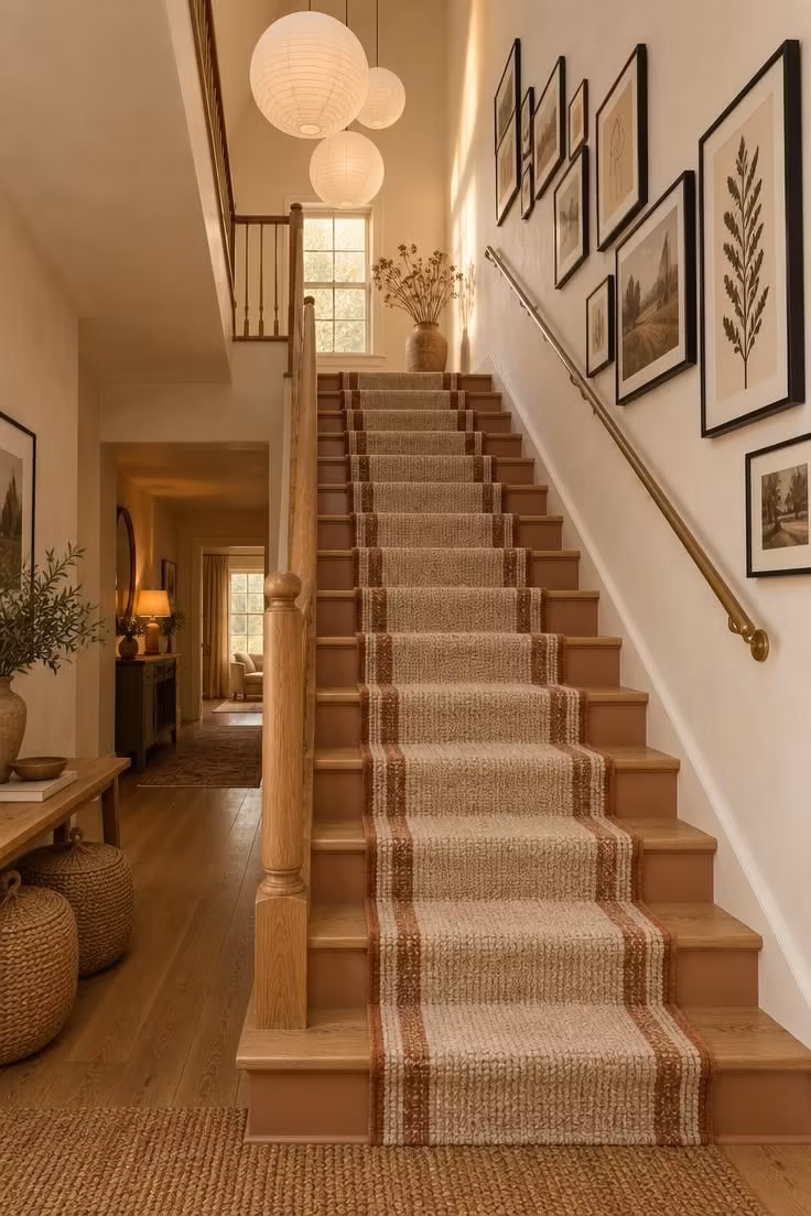 Simple Spaces 14 A warmly lit staircase and hallway with clay-painted risers, a striped runner, a stepped gallery wall, and a bench with baskets at the foot of the stairs.