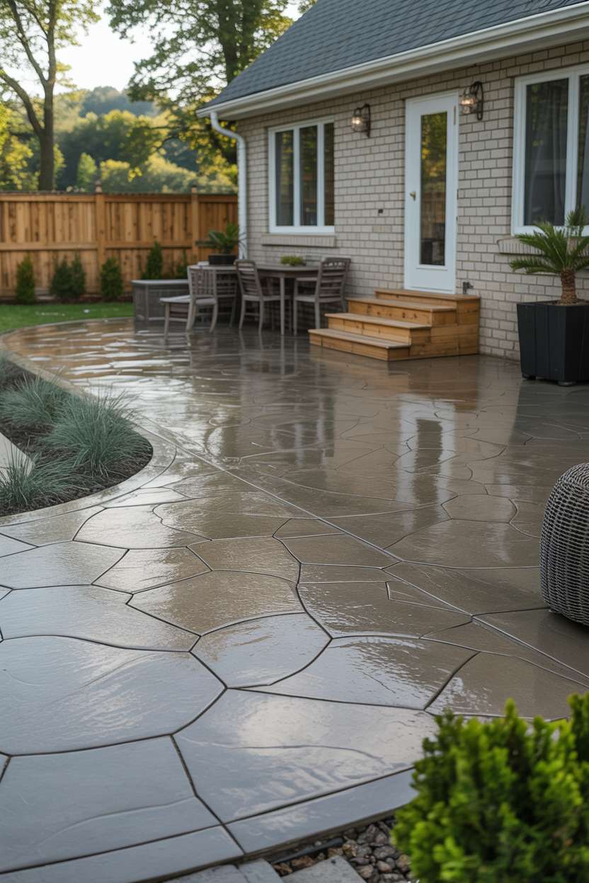 21 Unique Stamped Concrete Patio Ideas to Inspire 1 Modern backyard patio with irregular-shaped concrete pavers in curved pattern leading to gray brick house