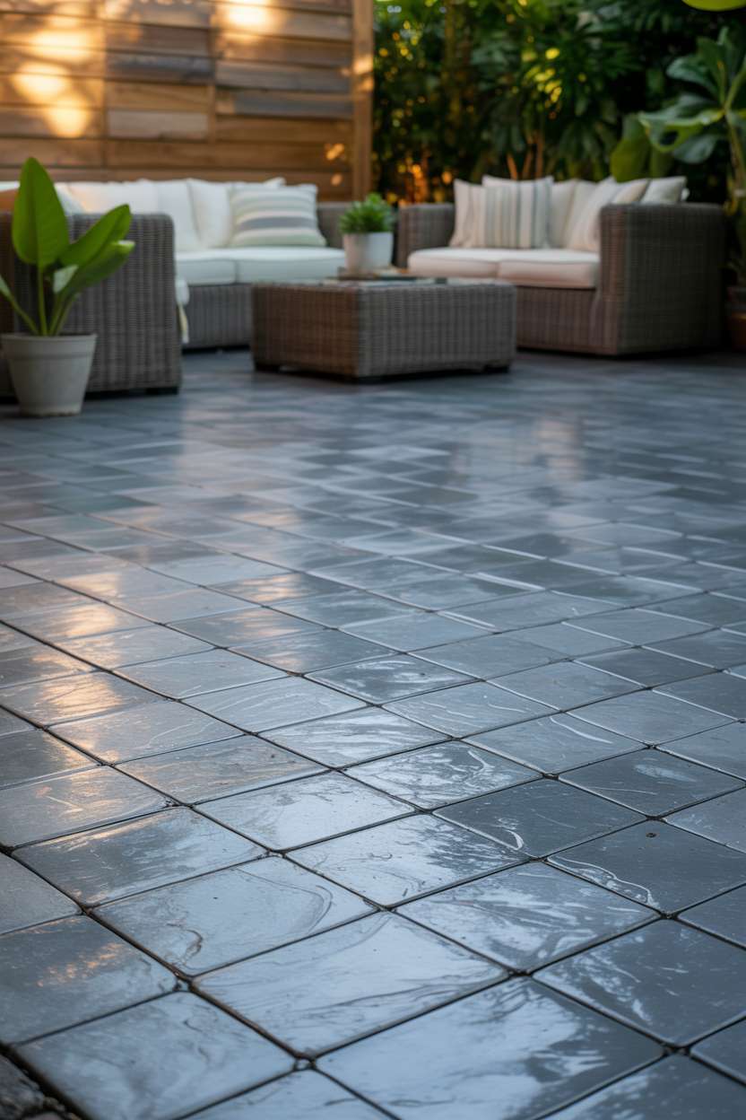 21 Unique Stamped Concrete Patio Ideas to Inspire 2 Newly constructed stamped concrete patio with interlocking grey stone pattern and modern outdoor furniture