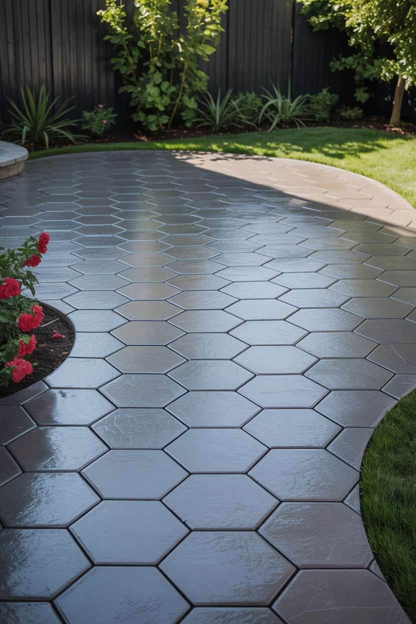 21 Unique Stamped Concrete Patio Ideas to Inspire 3 Complete view of stamped concrete patio with geometric hexagon pattern in varying grey shades