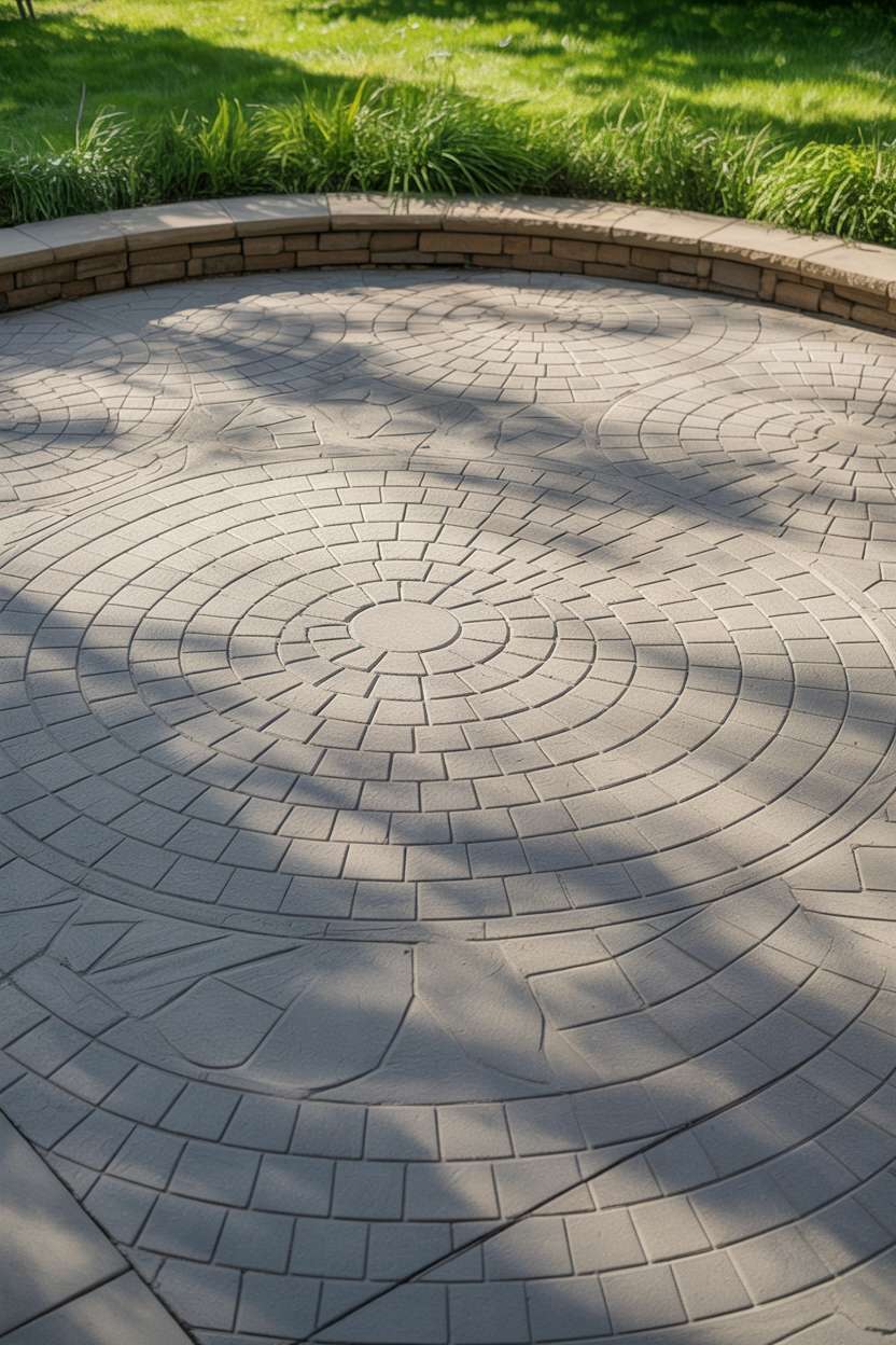 21 Unique Stamped Concrete Patio Ideas to Inspire 4 Stamped concrete patio with intricate fan pattern design radiating from center in light gray