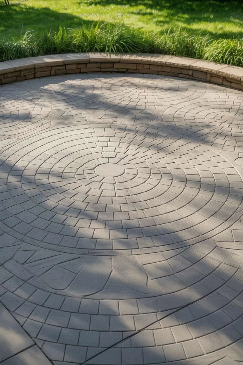 21 Unique Stamped Concrete Patio Ideas to Inspire 4 Stamped concrete patio with intricate fan pattern design radiating from center in light gray
