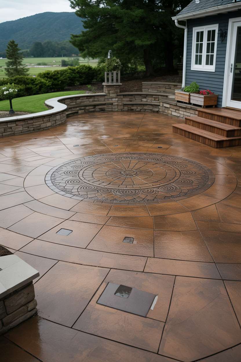 21 Unique Stamped Concrete Patio Ideas to Inspire 5 Architectural view of stamped concrete patio with circular mandala design in rich brown color