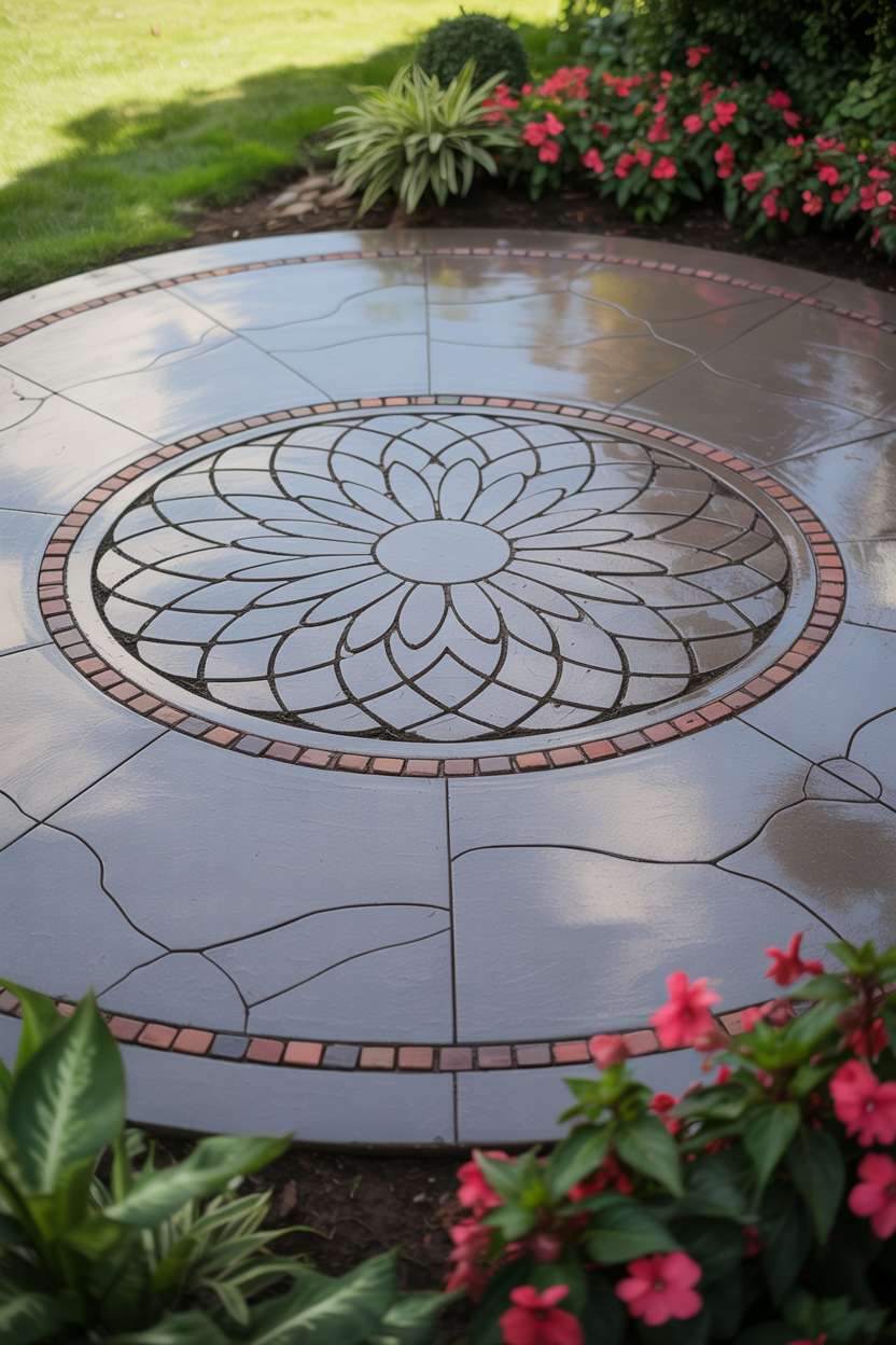 21 Unique Stamped Concrete Patio Ideas to Inspire 6 Stamped concrete patio with circular flower pattern in light gray with reddish-brown pebble accents