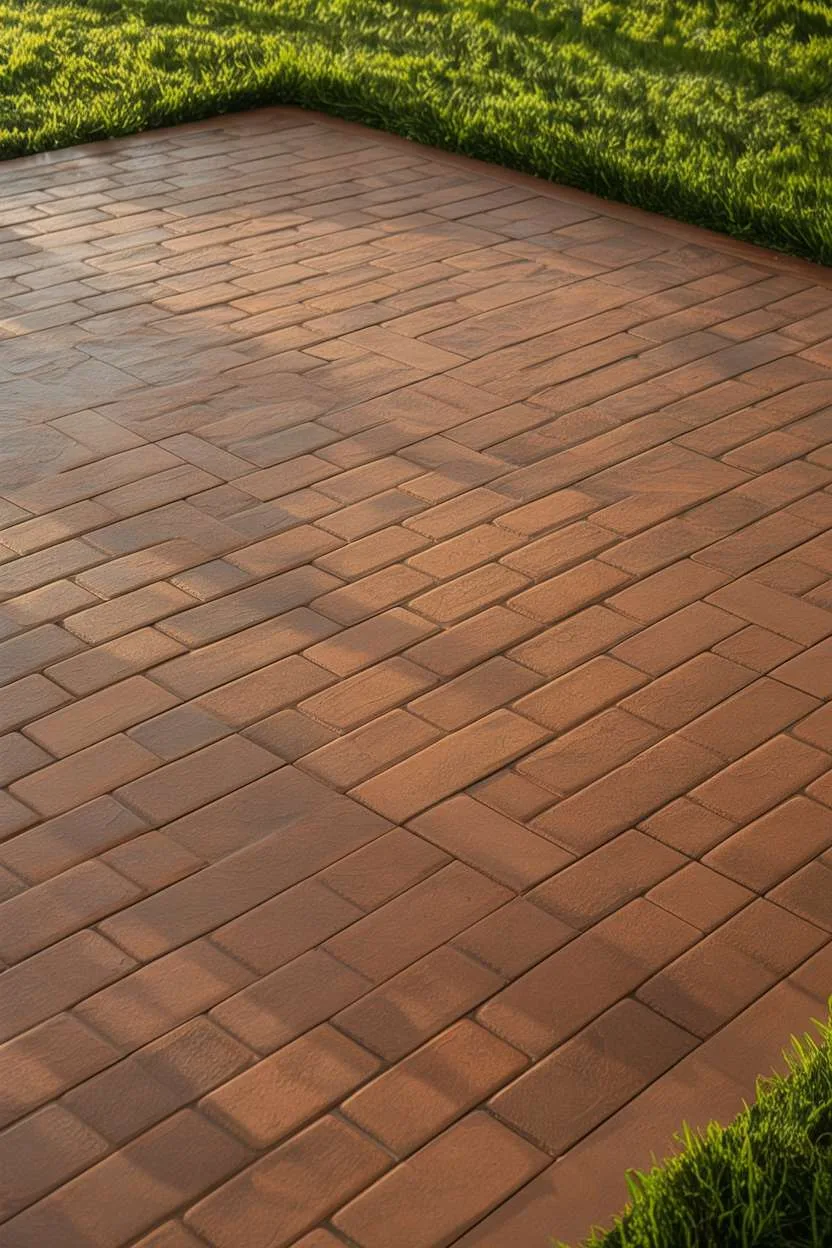 21 Unique Stamped Concrete Patio Ideas to Inspire 7 Stamped concrete patio with traditional brickwork pattern in warm terracotta color