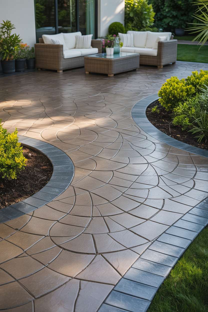 21 Unique Stamped Concrete Patio Ideas to Inspire 8 Stamped concrete patio with circular pattern in warm gray bordered by darker charcoal accent