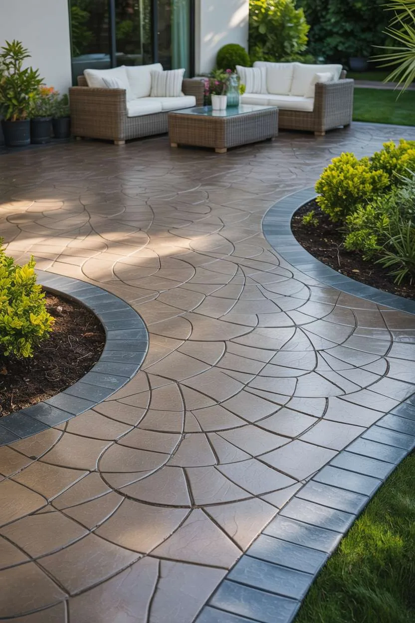 21 Unique Stamped Concrete Patio Ideas to Inspire 8 Stamped concrete patio with circular pattern in warm gray bordered by darker charcoal accent