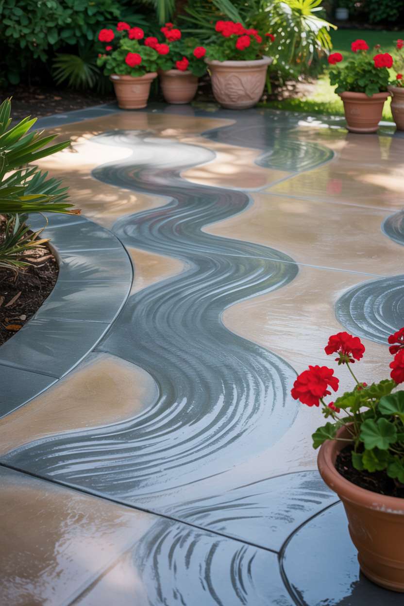 21 Unique Stamped Concrete Patio Ideas to Inspire 9 Stamped concrete patio with Mediterranean wave pattern in cool gray and sandy beige tones