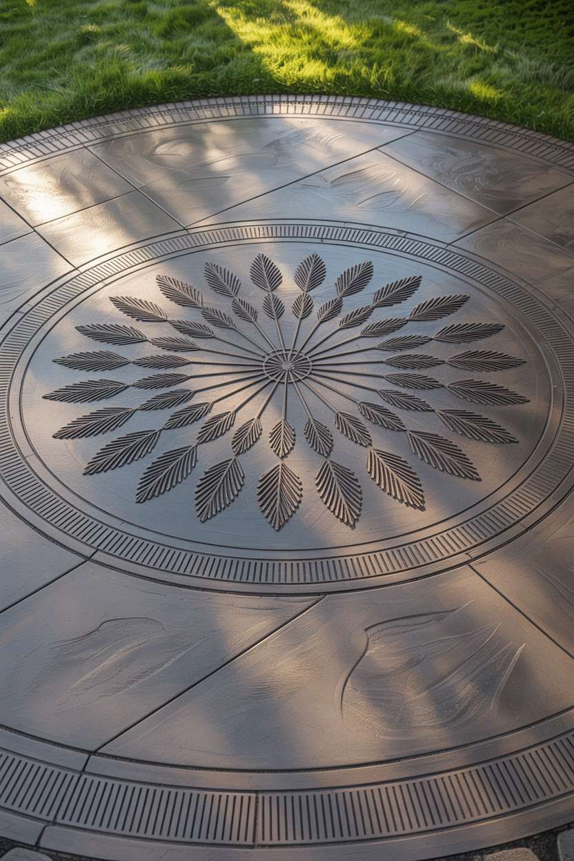 21 Unique Stamped Concrete Patio Ideas to Inspire 10 Stamped concrete patio with central fan pattern surrounded by square textured border in warm gray