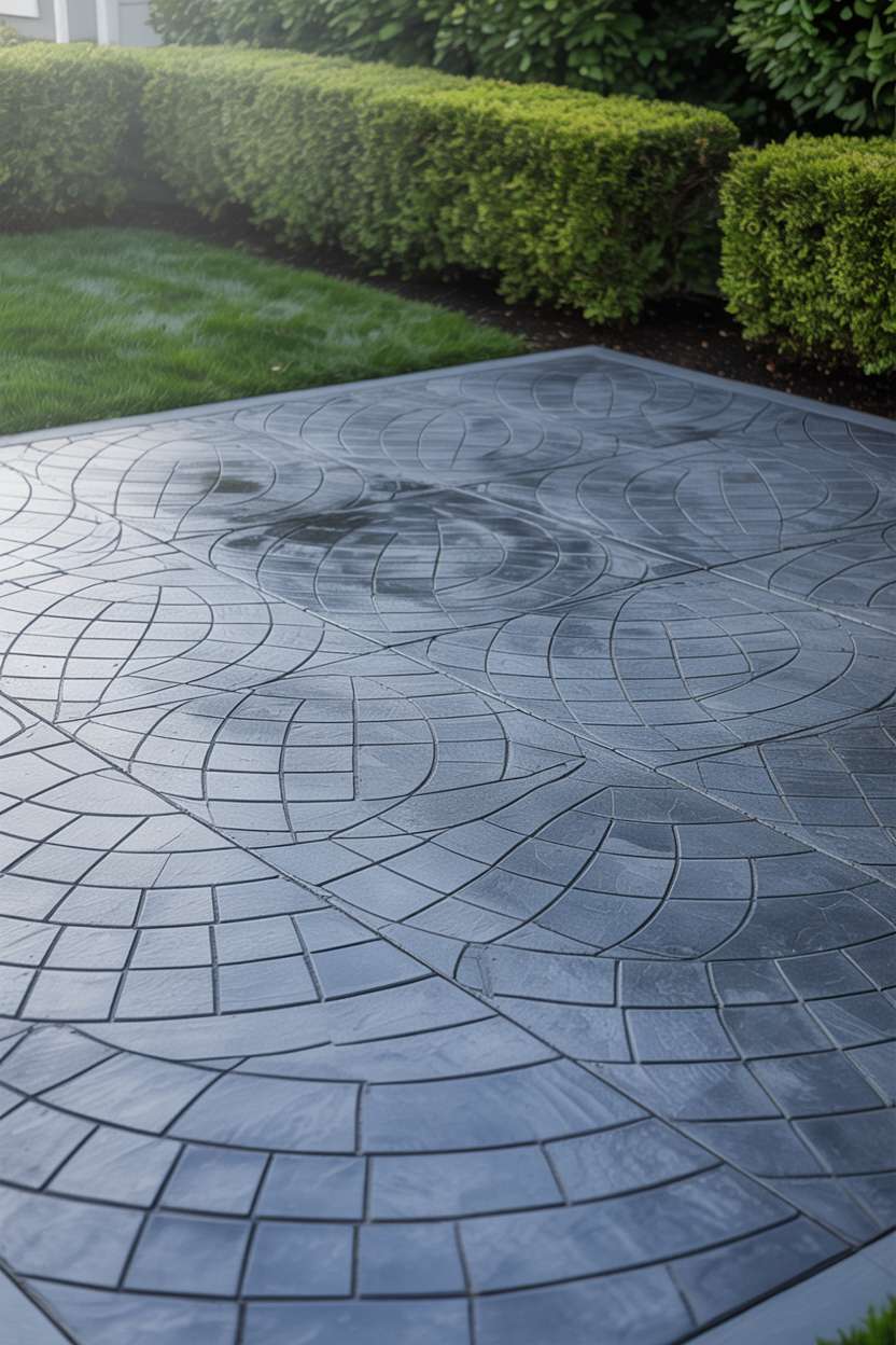 21 Unique Stamped Concrete Patio Ideas to Inspire 11 Stamped concrete patio with swirling geometric pattern in gray and charcoal across level yard