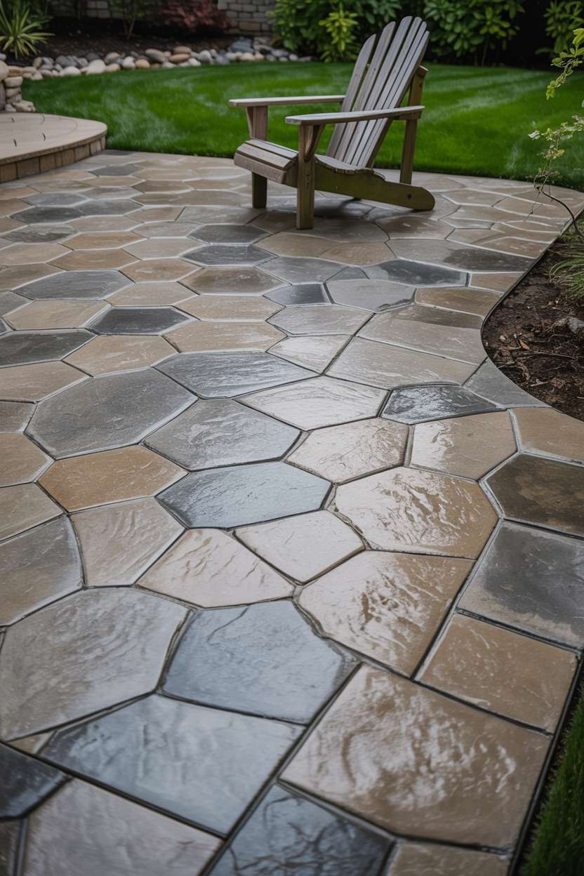 21 Unique Stamped Concrete Patio Ideas to Inspire 12 Stamped concrete patio with irregular stone pattern in gray and beige with weathered Adirondack chair