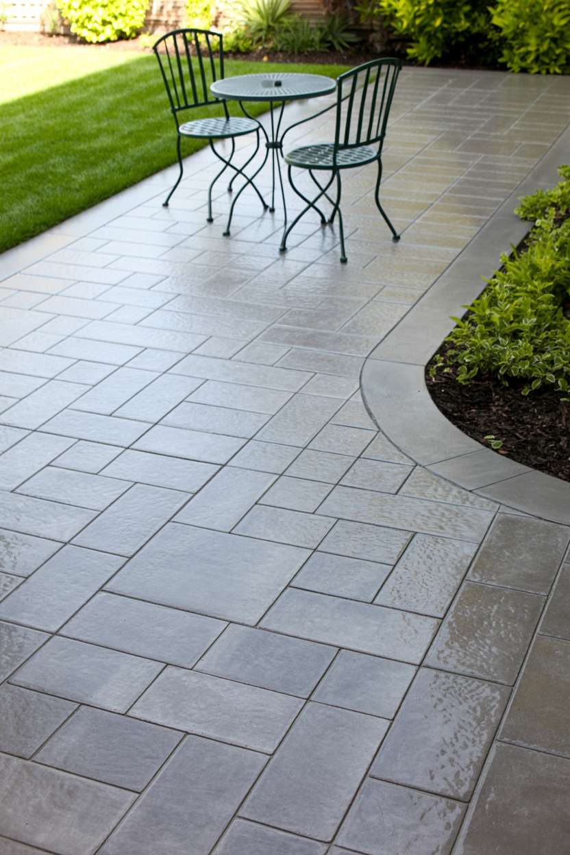 21 Unique Stamped Concrete Patio Ideas to Inspire 13 Wide stamped concrete patio with classic ashlar stone pattern in neutral gray with bistro set