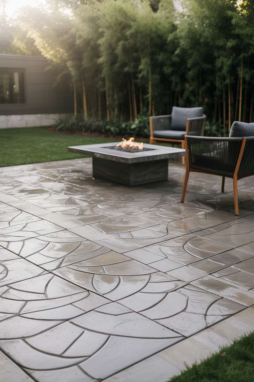 21 Unique Stamped Concrete Patio Ideas to Inspire 14 Modern stamped concrete patio with interlocking stone pattern in gray and beige featuring central fire pit