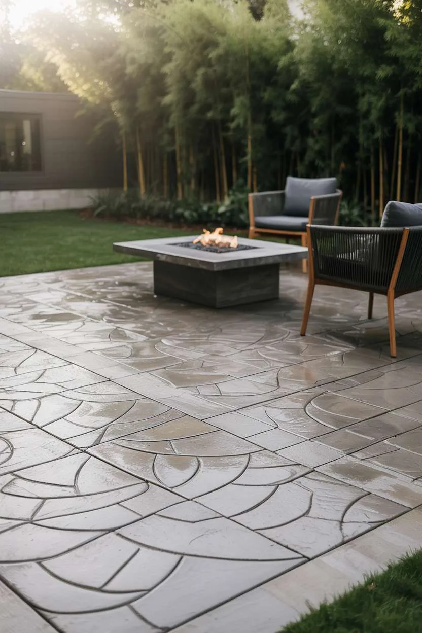 21 Unique Stamped Concrete Patio Ideas to Inspire 14 Modern stamped concrete patio with interlocking stone pattern in gray and beige featuring central fire pit