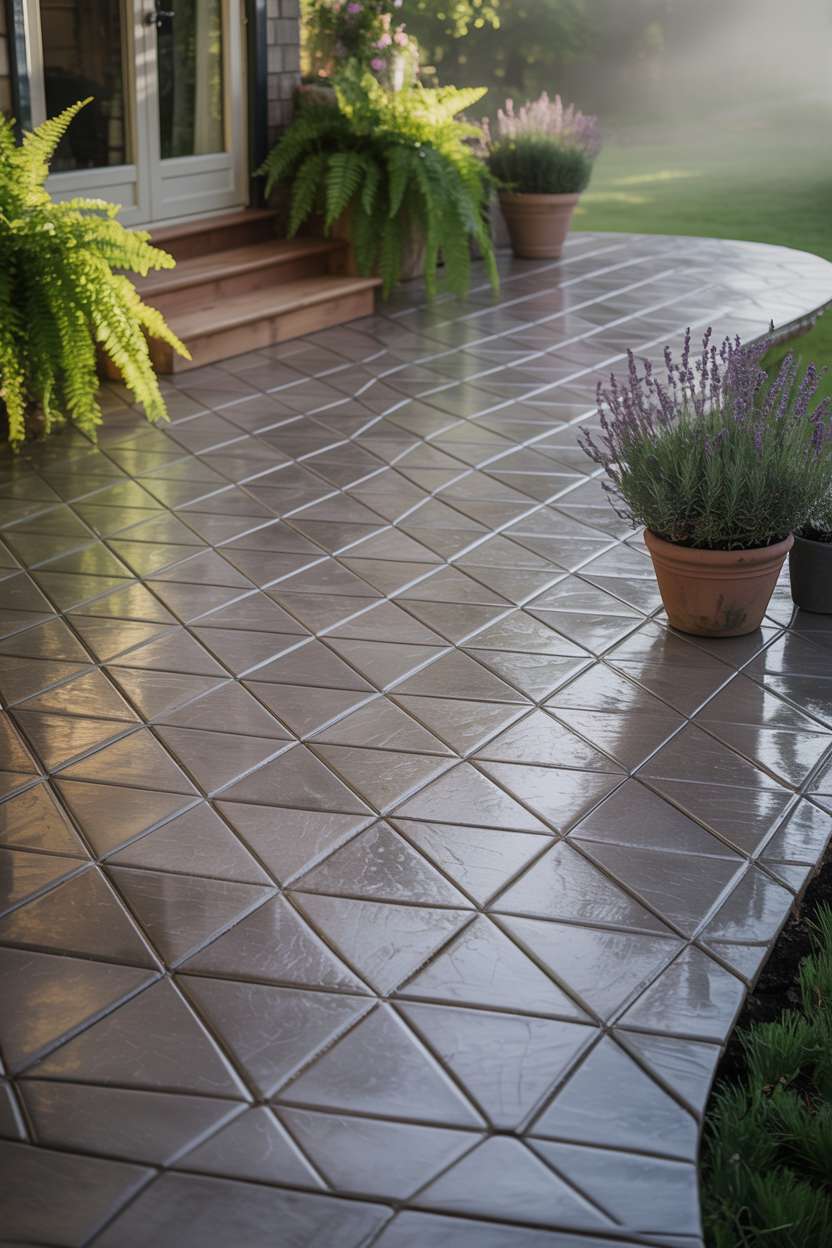 21 Unique Stamped Concrete Patio Ideas to Inspire 15 Stamped concrete patio with interlocking diamond pattern in warm gray extending from cottage
