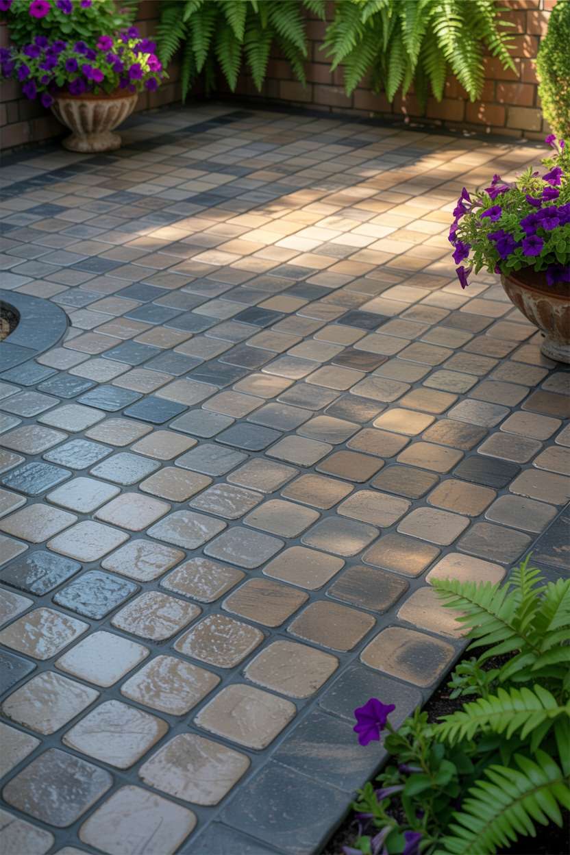 21 Unique Stamped Concrete Patio Ideas to Inspire 16 Stamped concrete patio with cobblestone pattern in gray and beige with dark grout lines