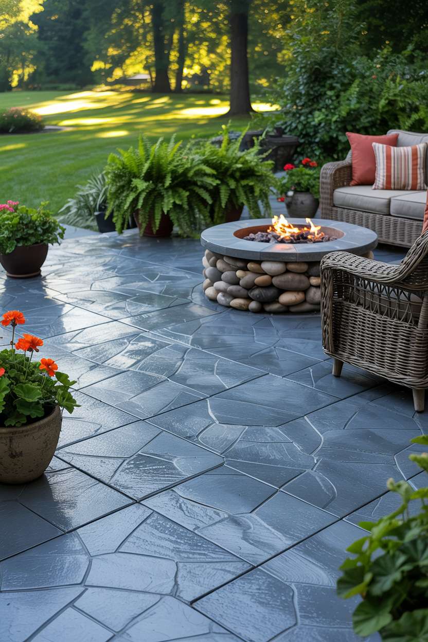 21 Unique Stamped Concrete Patio Ideas to Inspire 17 Stamped concrete patio with slate gray pattern featuring circular fire pit and comfortable seating