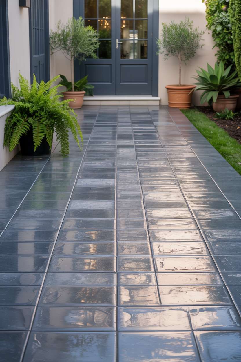 21 Unique Stamped Concrete Patio Ideas to Inspire 18 Sprawling stamped concrete patio with modern geometric pattern in charcoal gray and light beige