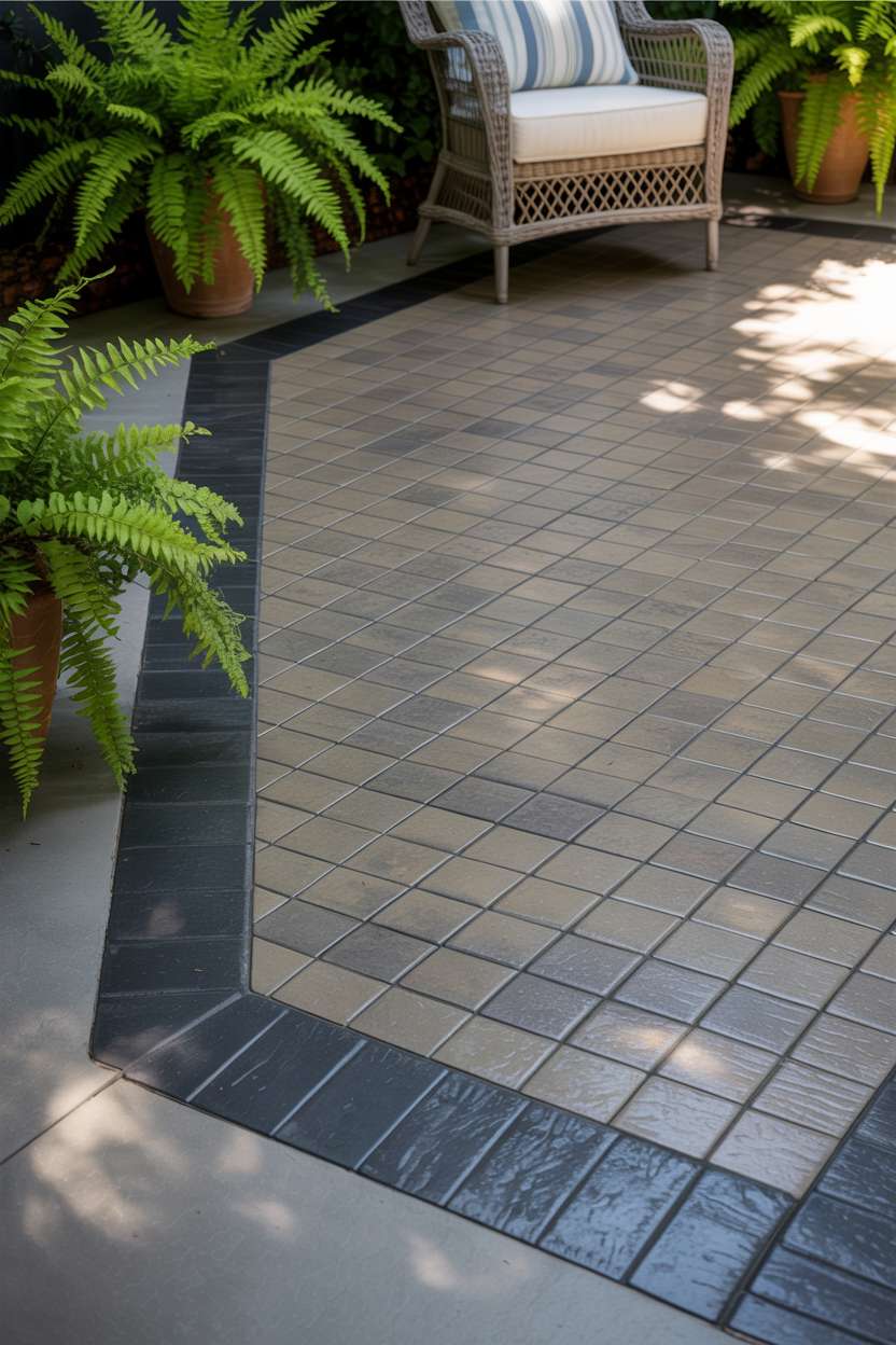 21 Unique Stamped Concrete Patio Ideas to Inspire 19 Complete view of stamped concrete patio with basketweave pattern in warm gray with dark charcoal borders
