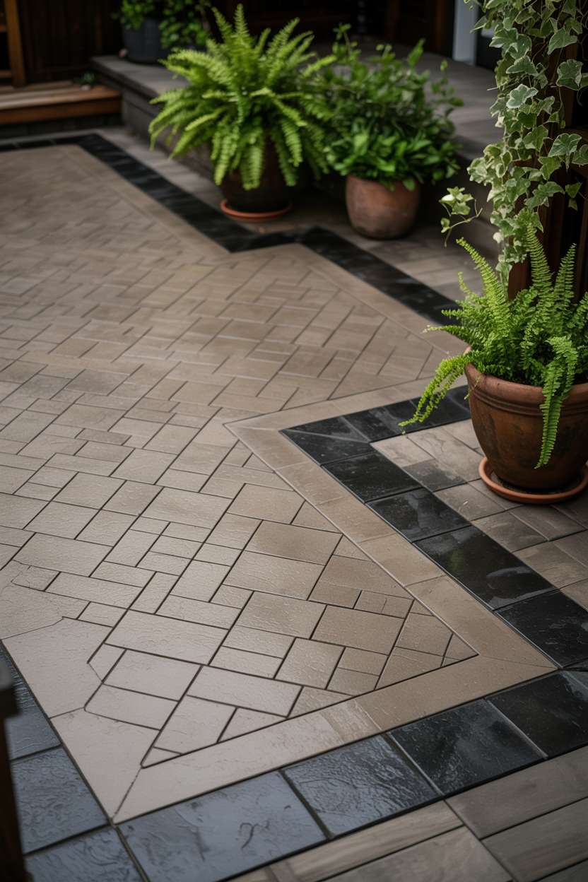 21 Unique Stamped Concrete Patio Ideas to Inspire 20 Stylish stamped concrete patio with complex basketweave pattern in warm gray bordered by dark charcoal