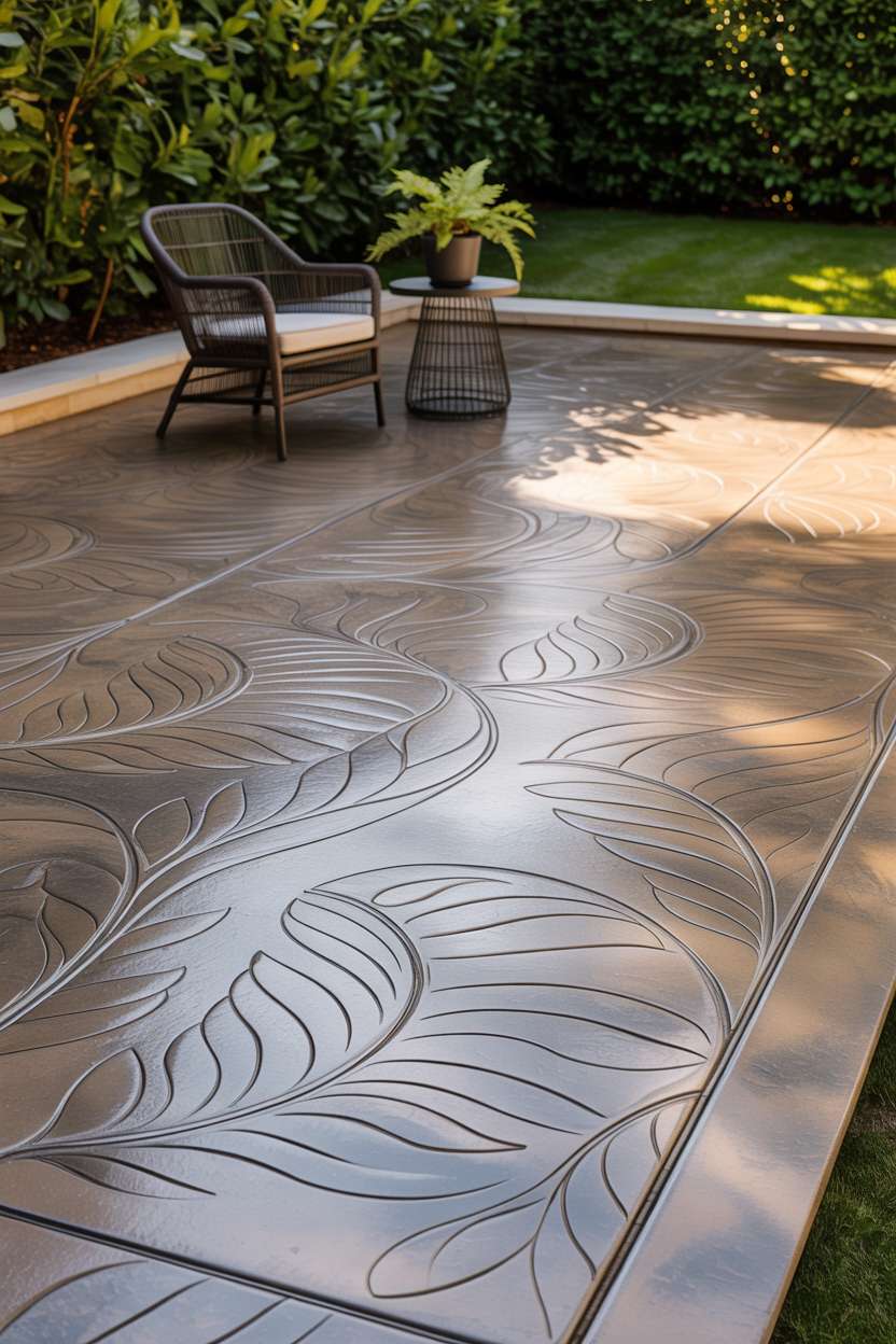21 Unique Stamped Concrete Patio Ideas to Inspire 21 Sprawling stamped concrete patio with swirling leaf pattern in warm gray and beige tones