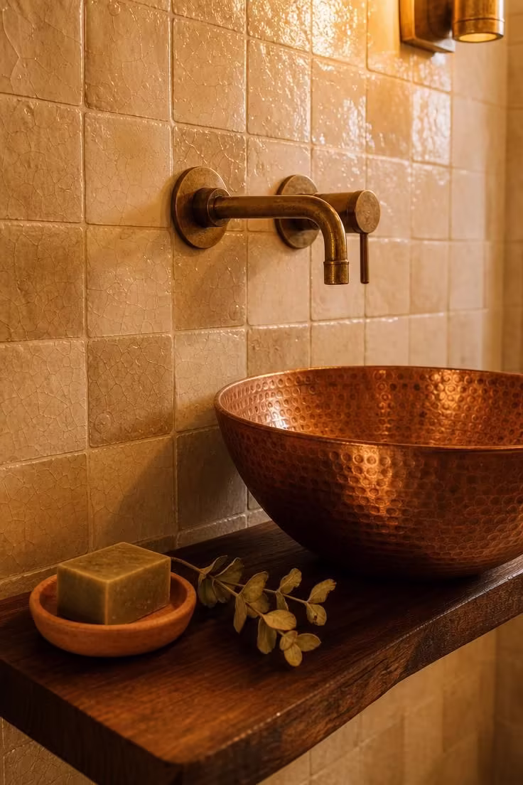Close-up of a zellige tile backsplash with a hammered copper vessel sink on an oiled walnut floating shelf in a warm-toned statement powder room.